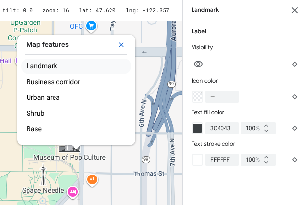 The Landmark map feature is selected in the map inspector and the style
panel expands to show the customizable style
elements.