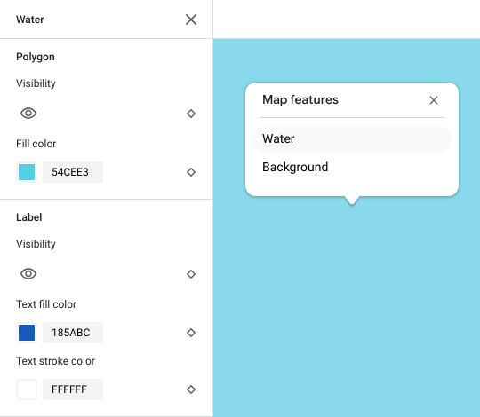 The map inspector for water lists the water and background map features. Water is selected and the corresponding element pane expands to show Polygon and Label customization options.