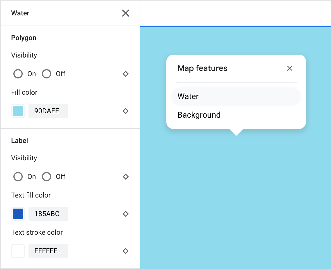 O inspetor de água lista os elementos de água e de plano de fundo do mapa. A opção &quot;Água&quot; é selecionada, e o painel de elementos correspondente é expandido para mostrar as opções de personalização de polígono e rótulos.