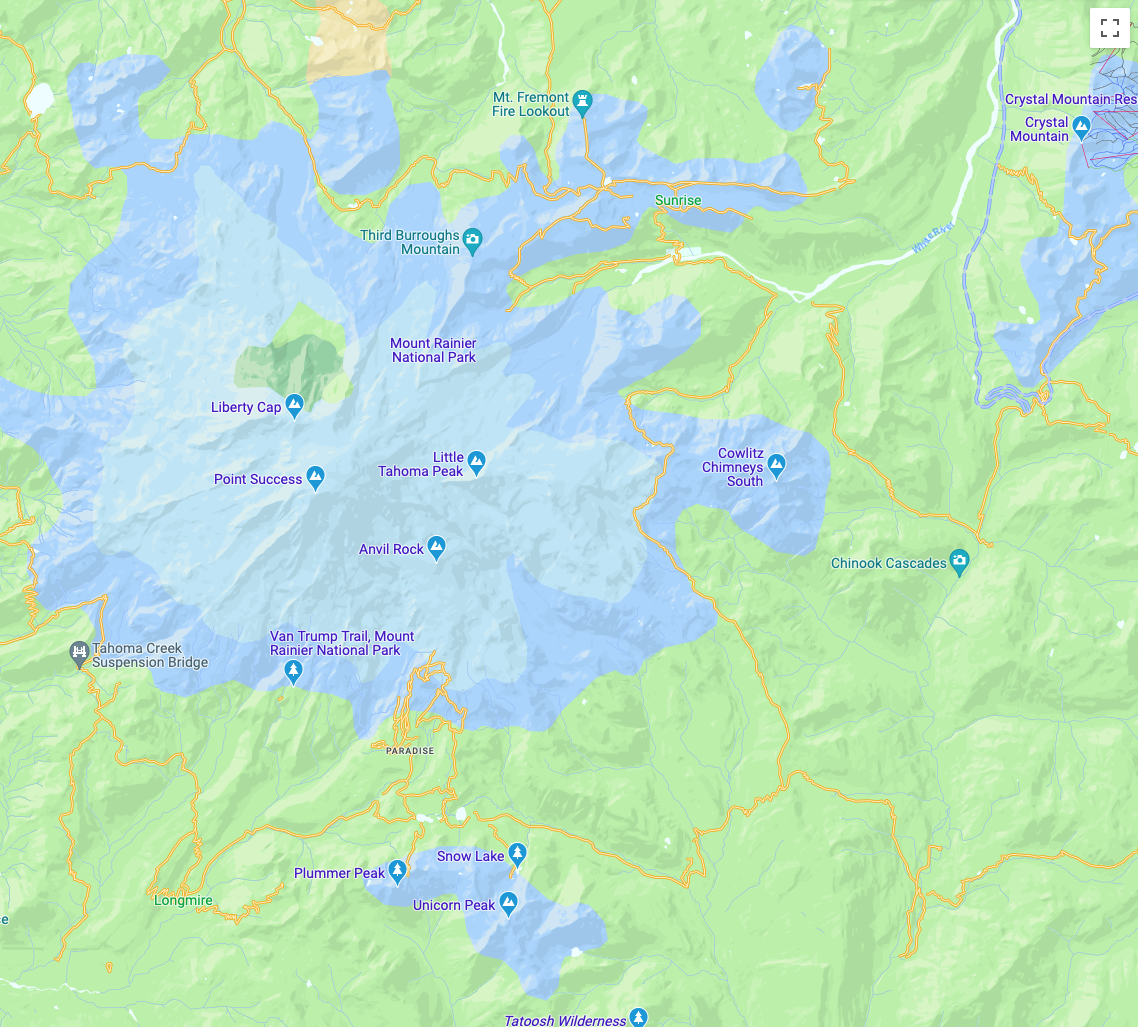 Mappa espressiva che mostra il Monte Rainier in blu circondato dal verde di un parco