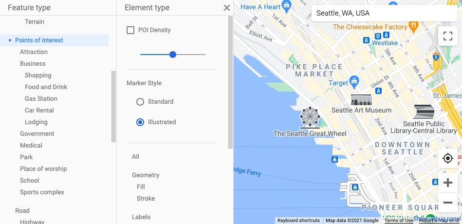 Zrzut ekranu z mapą przedstawiającą charakterystyczne rynki ważnych miejsc: małą, czarno-białą ilustrację przedstawiającą wskazane miejsce. Mają one rozmiar około 2–3 razy więcej niż standardowe znaczniki ważnych miejsc (łącznie z tłem znacznika).
