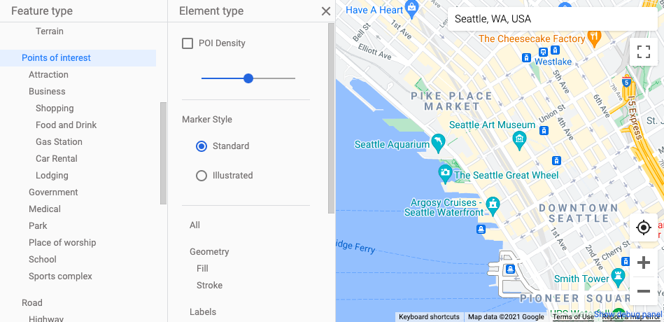 لقطة شاشة لخريطة تعرض محددات نقطة اهتمام Google القياسية: رمز أبيض صغير على شكل حرف دموي رمز أزرق مخضر على شكل قطرة دموع.