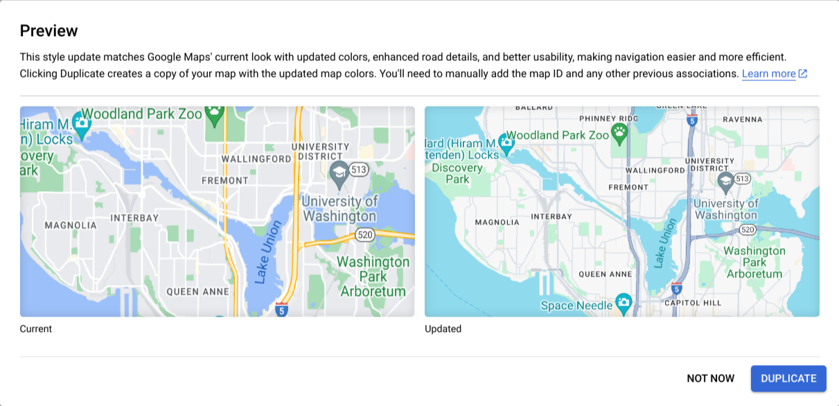 Vista previa de los cambios en el diseño de mapa heredado con un botón para duplicar