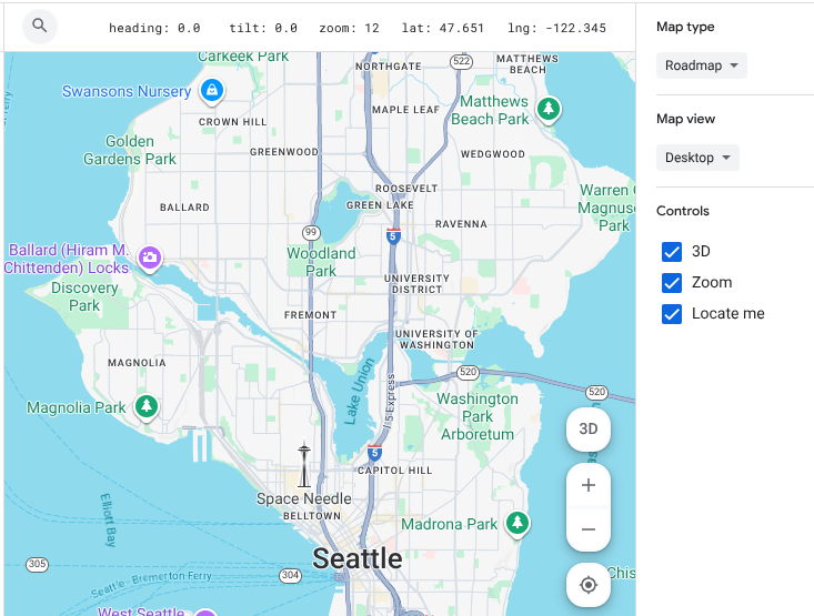 The style editor and its navigation controls such as search, zoom, 3D tilt, and the context panel with the map of Seattle.