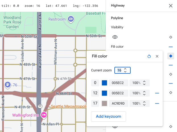 La même carte de Seattle, mais avec des styles de niveau de zoom ajoutés à 12 et 17 afin que les couleurs de l'autoroute bleue se fondent dans la surface beige.