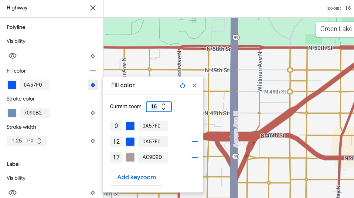 El mismo mapa de Seattle, pero con diseños de nivel de zoom agregados en los niveles 12 y 17 para que los colores de la autopista azul se desvanezcan en la superficie beige