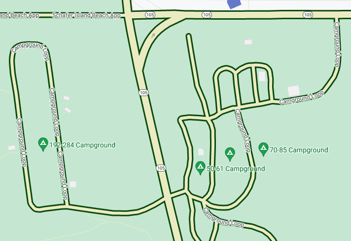 Screenshot peta bergaya kustom yang menampilkan beberapa jalan. Jalan-jalan berwarna kuning pucat dengan garis luar berwarna hijau.