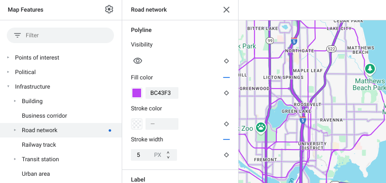 Map style showing road network fill color changes