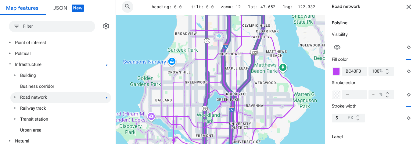 سبک نقشه که تغییرات رنگ پر کردن شبکه جاده را نشان می‌دهد