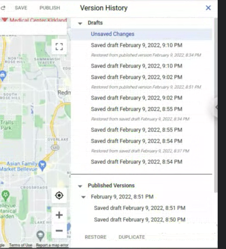 A screenshot of the Maps Styles' Versions pane in the Google Cloud Console. The Save and Publish buttons are above the pane, the version-specific Restore and Duplicate buttons are at the bottom of the Version History pane, and several Draft and Published versions are listed.