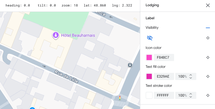 「Lodging」(住宿) 的「Visibility」(顯示設定) 為「Off」(關閉)：不顯示飯店