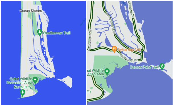 Dwa zrzuty ekranu mapy o niestandardowym stylu. Po lewej stronie widać teren otoczony średniociemnoniebieską wodą. Po prawej stronie wyświetlany jest ten sam obszar mapy, powiększony w jednym poziomie. Woda jest nieco jaśniejsza (niebieska) niż mapa po lewej stronie.