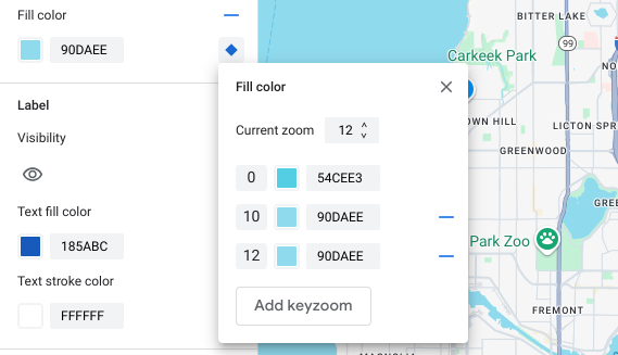 A new zoom-level style for the current zoom level 12 appears in the zoom-level styling pane with its default basemap value.