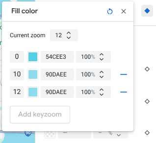 Gaya visual tingkat zoom baru untuk tingkat zoom 12 saat ini akan muncul di panel keyzoom dengan nilai peta dasarnya secara default.