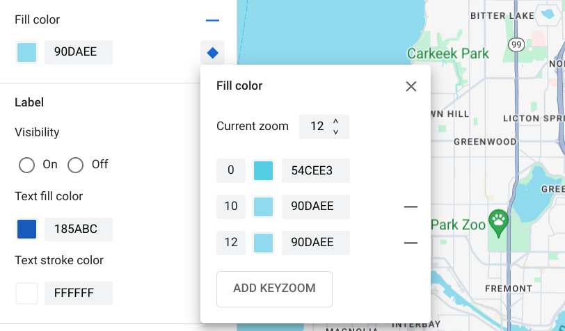 Un nouveau style selon le niveau de zoom pour le niveau de zoom 12 actuel apparaît dans le volet du style selon le niveau de zoom, avec sa valeur de carte de base par défaut.