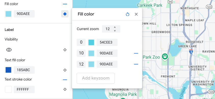 A new zoom-level style for the current zoom level 12 appears in the zoom-level styling pane with its default basemap value.