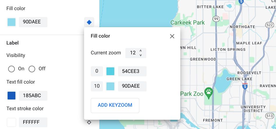 Un menú que muestra todos los estilos de keyZoom y un selector para el nivel de zoom actual