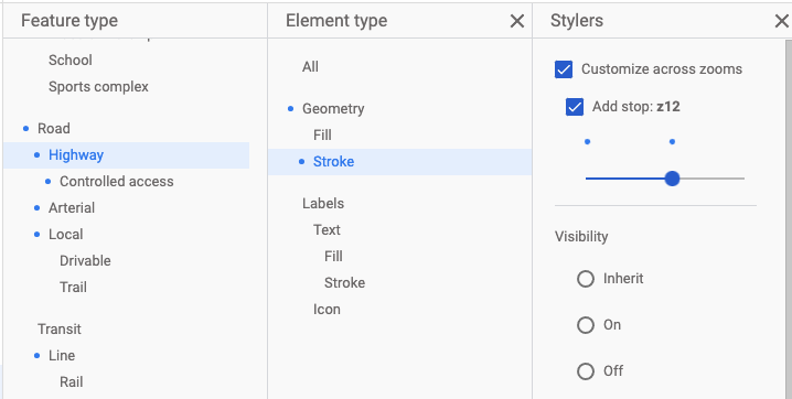 Uno screenshot dei tre riquadri dell&#39;editor degli elementi nell&#39;editor Stile mappa. Viene selezionato il tipo di elemento autostradale, così come il tipo di elemento Tratto. La casella Personalizza su diversi zoom è selezionata e il dispositivo di scorrimento dello zoom mostra due punti blu, che indicano due livelli di zoom personalizzati.