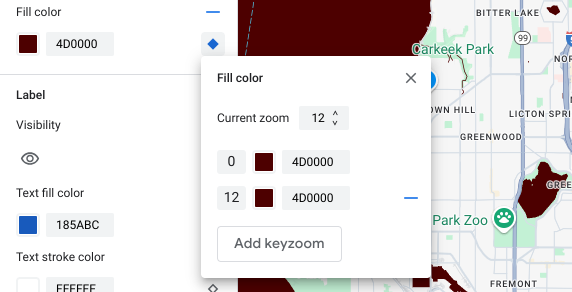 Il colore di riempimento per l&#39;elemento acqua è impostato su rosso scuro. Nel riquadro degli stili del livello di zoom, lo zoom chiave aggiunto è impostato anche su rosso scuro.