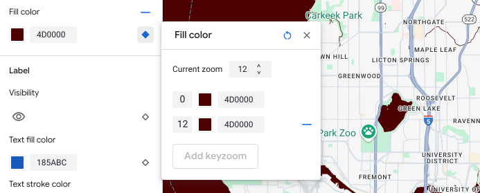 La couleur de remplissage de l&#39;élément &quot;eau&quot; est définie sur rouge foncé. Dans le volet du style selon le niveau de zoom, le keyzoom ajouté est également défini sur rouge foncé.