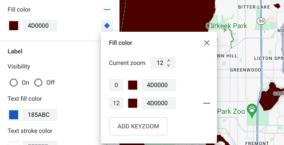 Il colore di riempimento dell&#39;elemento acqua è impostato sul rosso scuro. Nel riquadro degli stili a livello di zoom, anche il keyzoom aggiunto è impostato su rosso scuro.