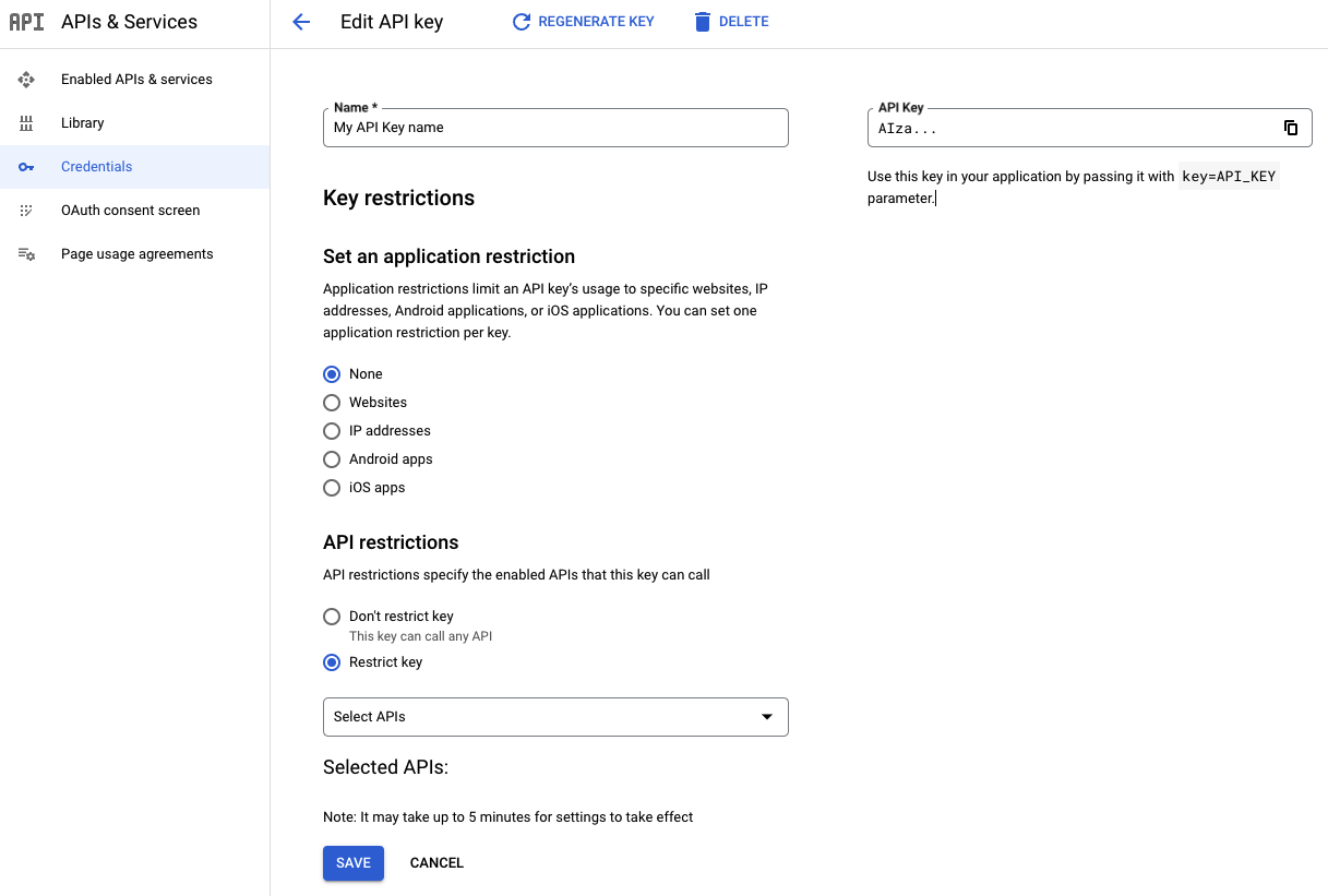 הגבלת API בדף Edit API key (עריכת מפתח API)