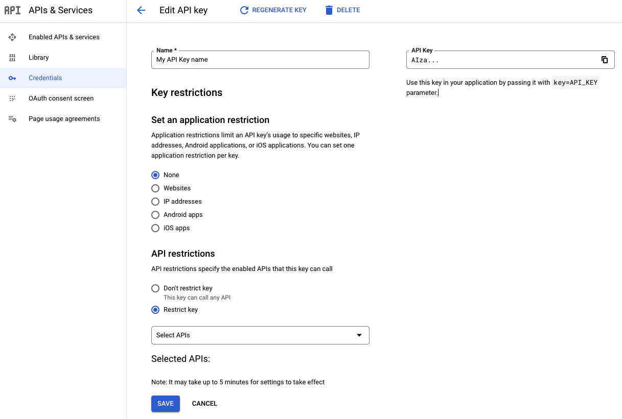 Restricción de una API en la página Editar clave de API