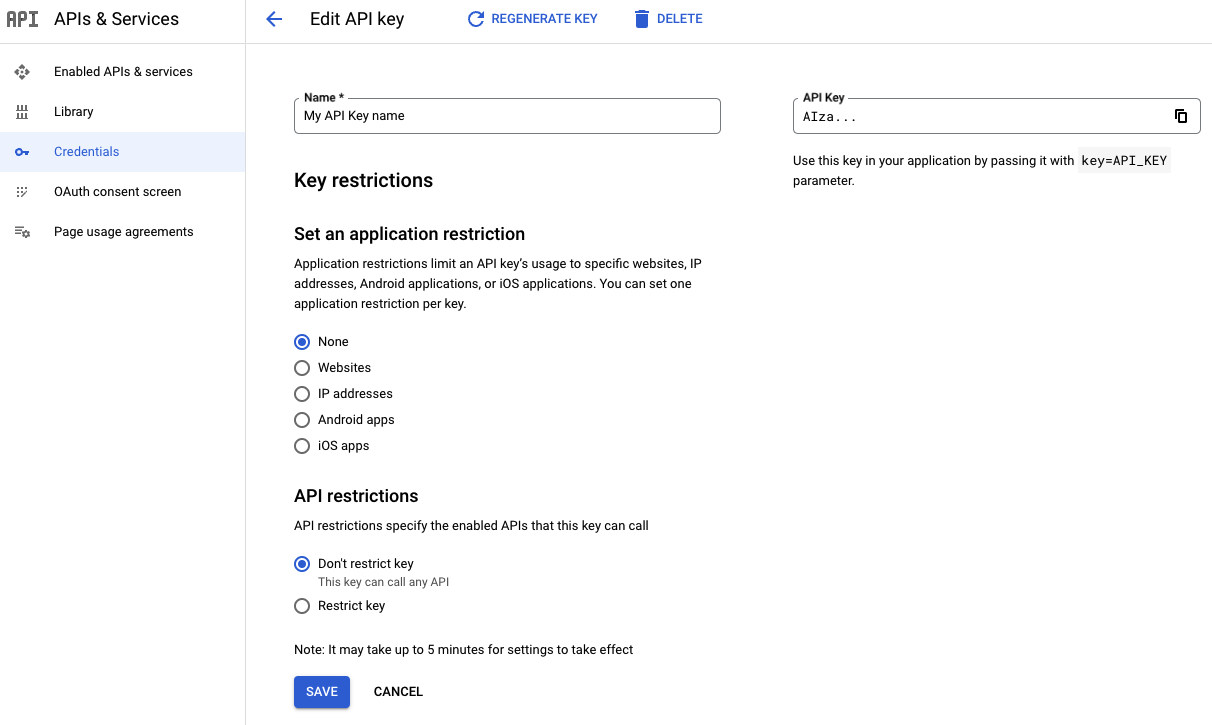 Pagina di modifica della chiave API