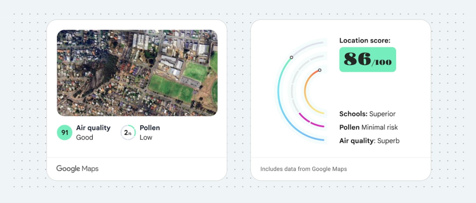 Izquierda: Datos de calidad del aire y polen presentados sin modificaciones;
       Derecha: Contenido personalizado que atribuye los datos de Google Maps