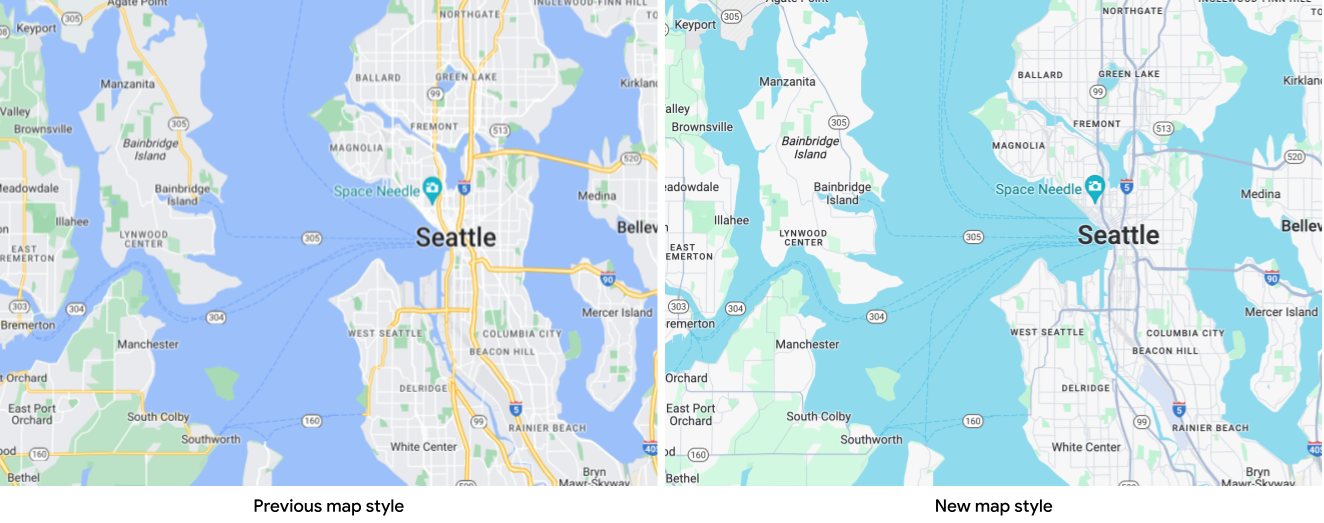 Dos mapas de Seattle: uno muestra el diseño de mapa antiguo, con el agua en azul oscuro y las calles en amarillo, y el otro muestra el diseño de mapa actualizado, con el agua en verde azulado y las calles en gris
