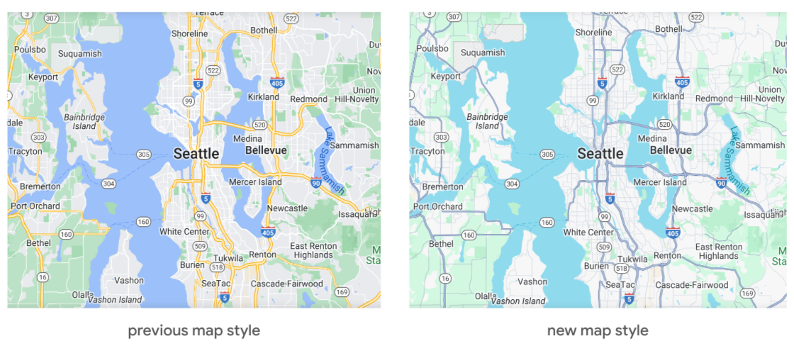Dwie mapy Seattle pokazujące stary styl mapy z ciemnoniebieską wodą i żółtymi drogami w porównaniu ze zaktualizowanym stylem mapy z turkusową wodą i szarymi drogami.