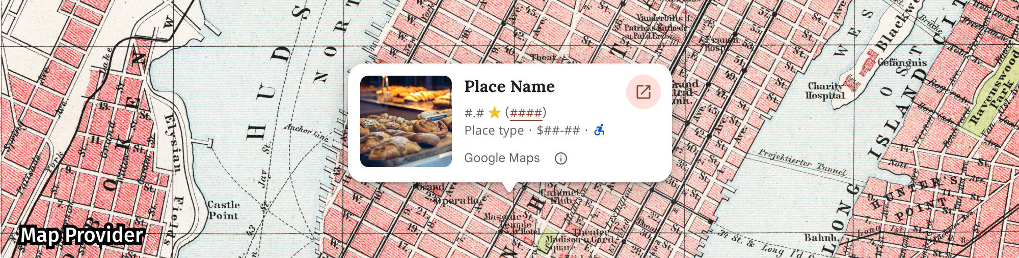ชุดเครื่องมือ UI ของสถานที่
ตัวอย่างการระบุแหล่งที่มาในแผนที่ที่ไม่ใช่ของ Google