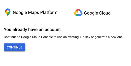 Widget showing that an account already exists, redirecting the user to the Cloud Console