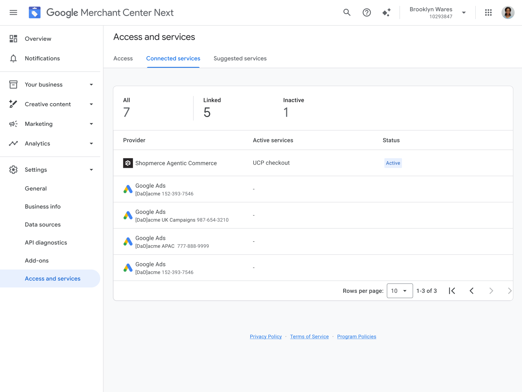 Merchant Center connected services