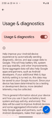L'option "Utilisation et diagnostics" est activée en cliquant sur le bouton à l'écran. alt_text