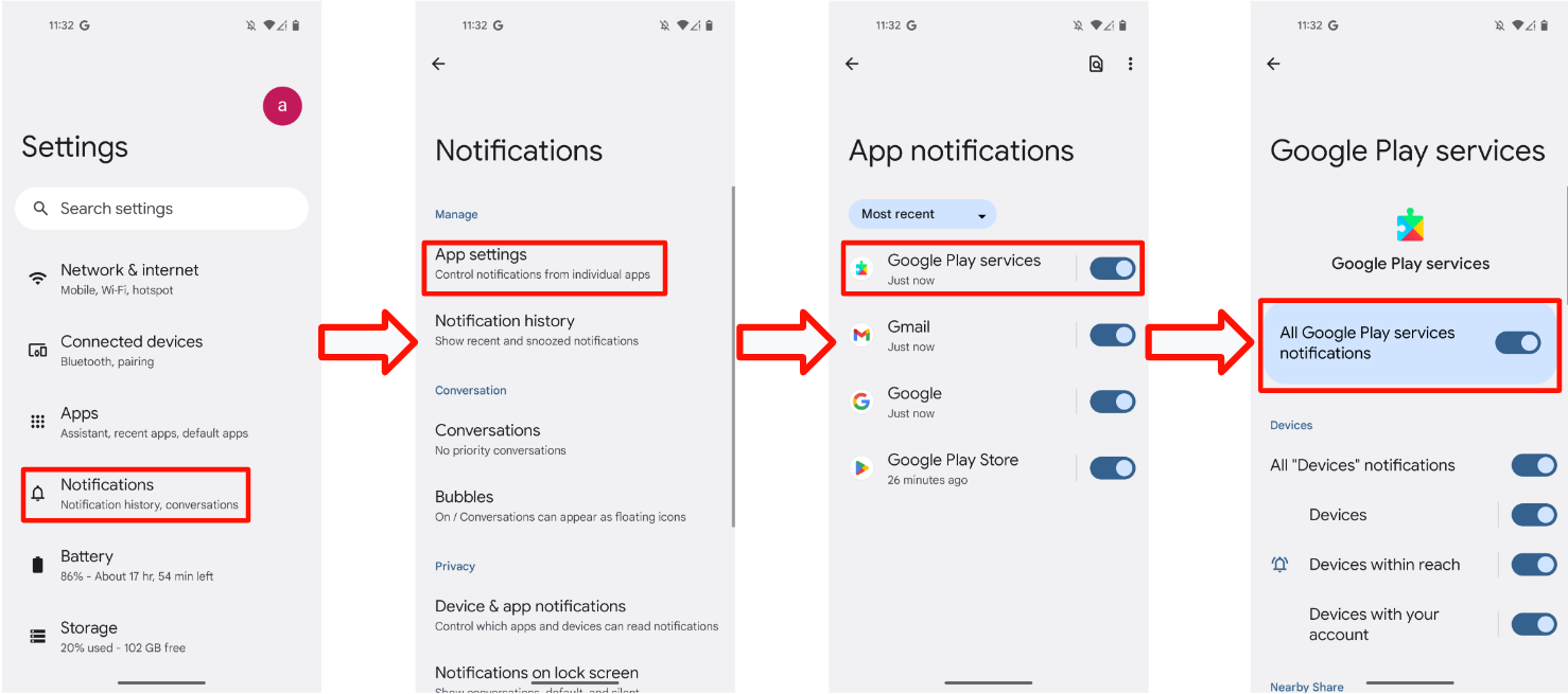 En esta figura, se muestra el interruptor de notificaciones en Servicios de Google Play.