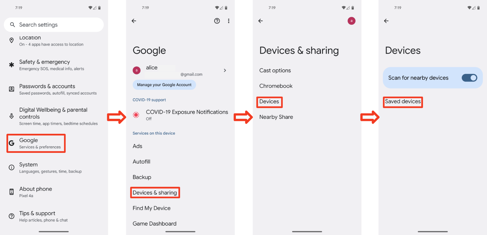 Isso mostra todo o fluxo para encontrar dispositivos pareados, inclusive rolar para baixo na página &quot;Configurações&quot;.