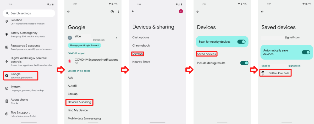 इस इमेज में, पेयर किए गए डिवाइसों को ढूंढने का पूरा तरीका दिखाया गया है. इसमें सेटिंग पेज पर नीचे की ओर स्क्रोल करना भी शामिल है.