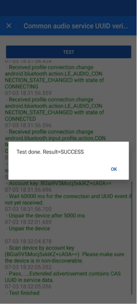 W przypadku pomyślnego testu w dzienniku pojawi się komunikat „Passing results” (Pozytywny wynik).