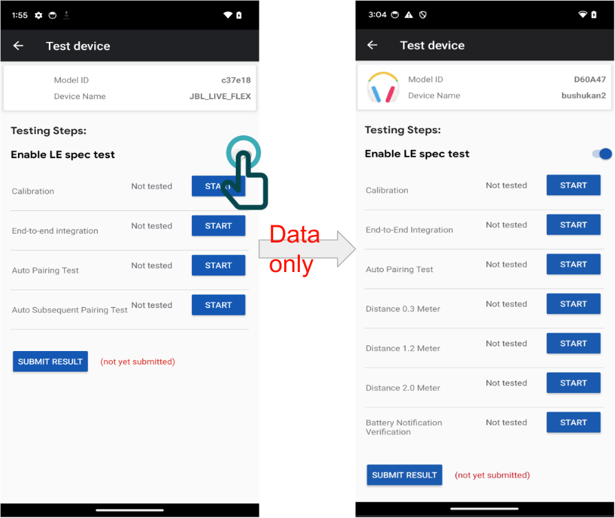 Una volta attivato l&#39;opzione, l&#39;app aggiorna automaticamente l&#39;elenco di test per un dispositivo solo dati.