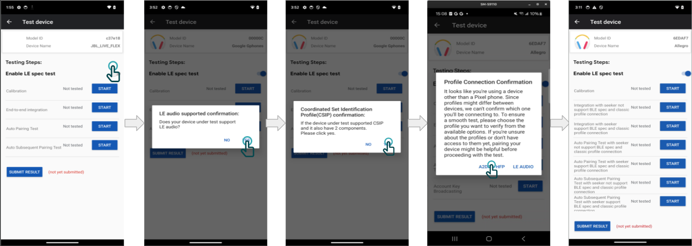 ユーザーが Google Pixel 以外のスマートフォンで A2DP + HFP サポートを選択した場合、BT Classic テストが表示されます。 ユーザーが Google Pixel 以外のスマートフォンで A2DP + HFP サポートを選択した場合、BT Classic テストが表示されます。