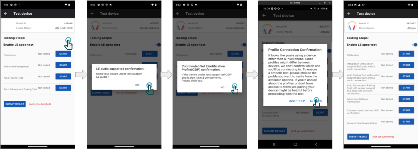 The LE Audio tests are shown if the user confirms that the non-Pixel Phone supports LE Audio.