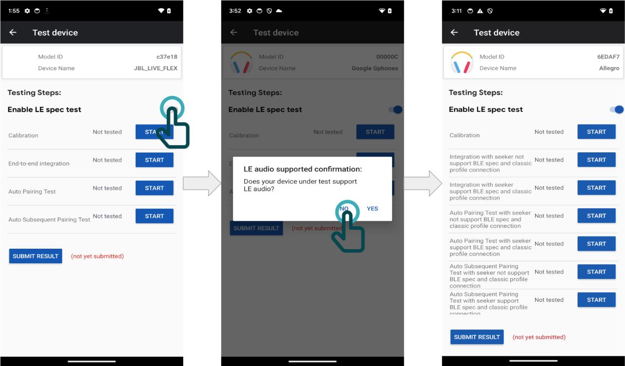 La lista de pruebas solo se actualiza después de que el verificador confirma que el dispositivo no es compatible con LE Audio.