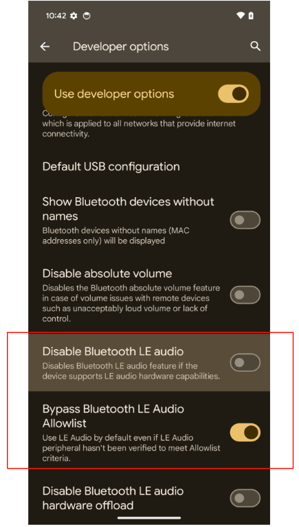 Les boutons d'activation/de désactivation de la LEA s'affichent sur la page "Options pour les développeurs".