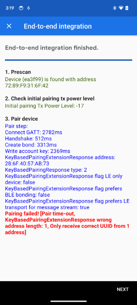 Ứng dụng hiển thị lỗi về độ dài địa chỉ KeyBasedPairingExtensionResponse trong kiểm thử tích hợp E2E.