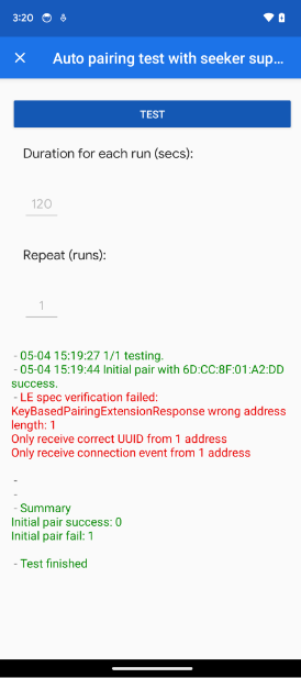 O app mostra um erro de comprimento de endereço KeyBasedPairingExtensionResponse nos testes de pareamento automático e pareamento automático subsequente.