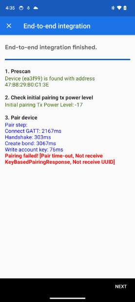 O app mostra um erro KeyBasedPairingResponse no teste de integração E2E.