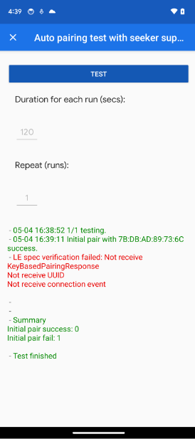 L'app mostra un errore KeyBasedPairingResponse nei test di accoppiamento automatico e di accoppiamento automatico successivo.
