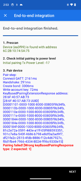 La app muestra un error KeyBasedPairingResponseType en la prueba de integración de E2E.