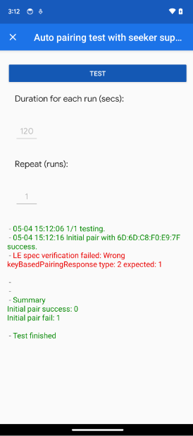 O app mostra um erro KeyBasedPairingResponseType nos testes de pareamento automático e de pareamento automático subsequente.